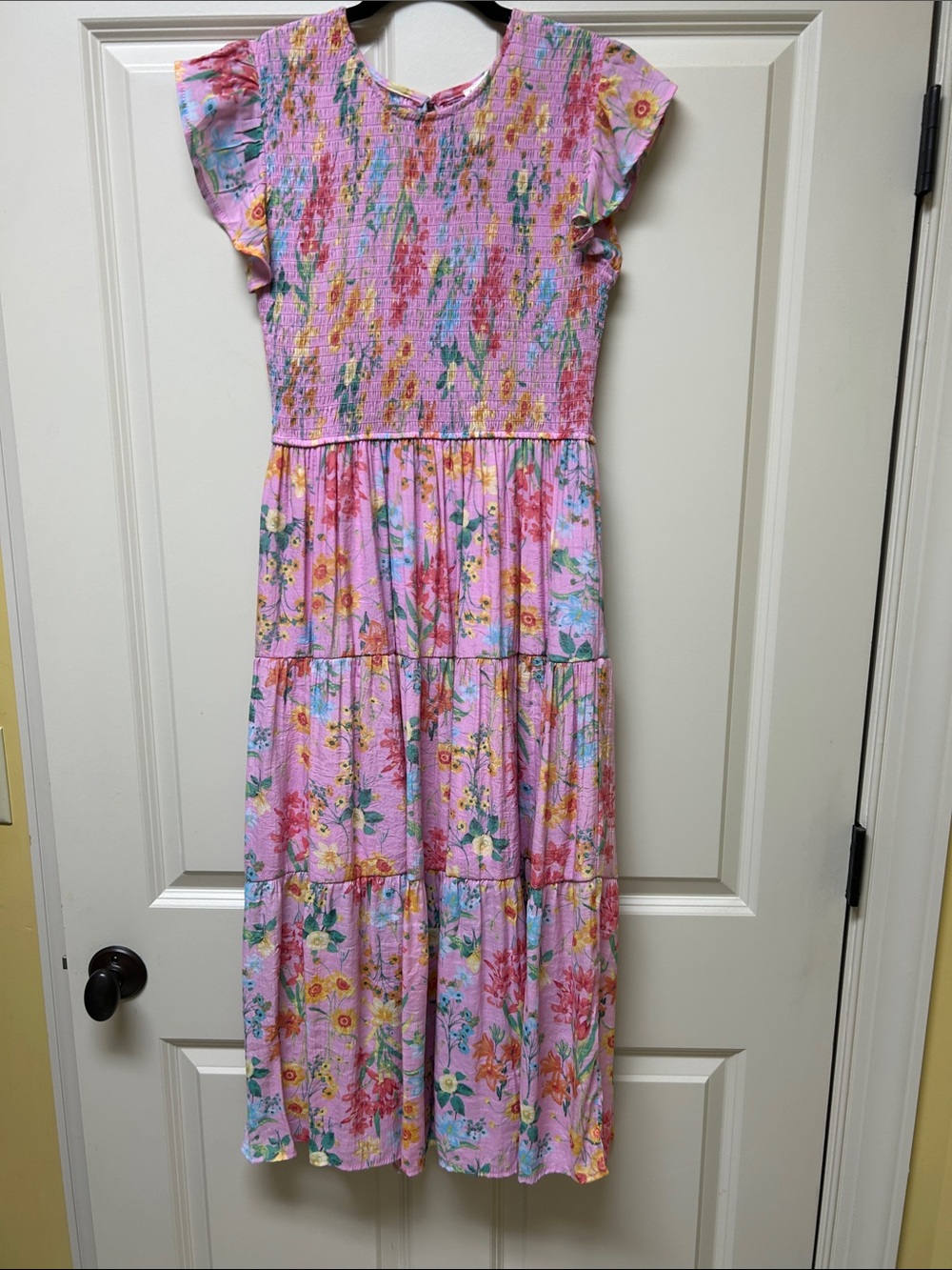 Pink Floral Tiered Midi Dress with Flutter Sleeves